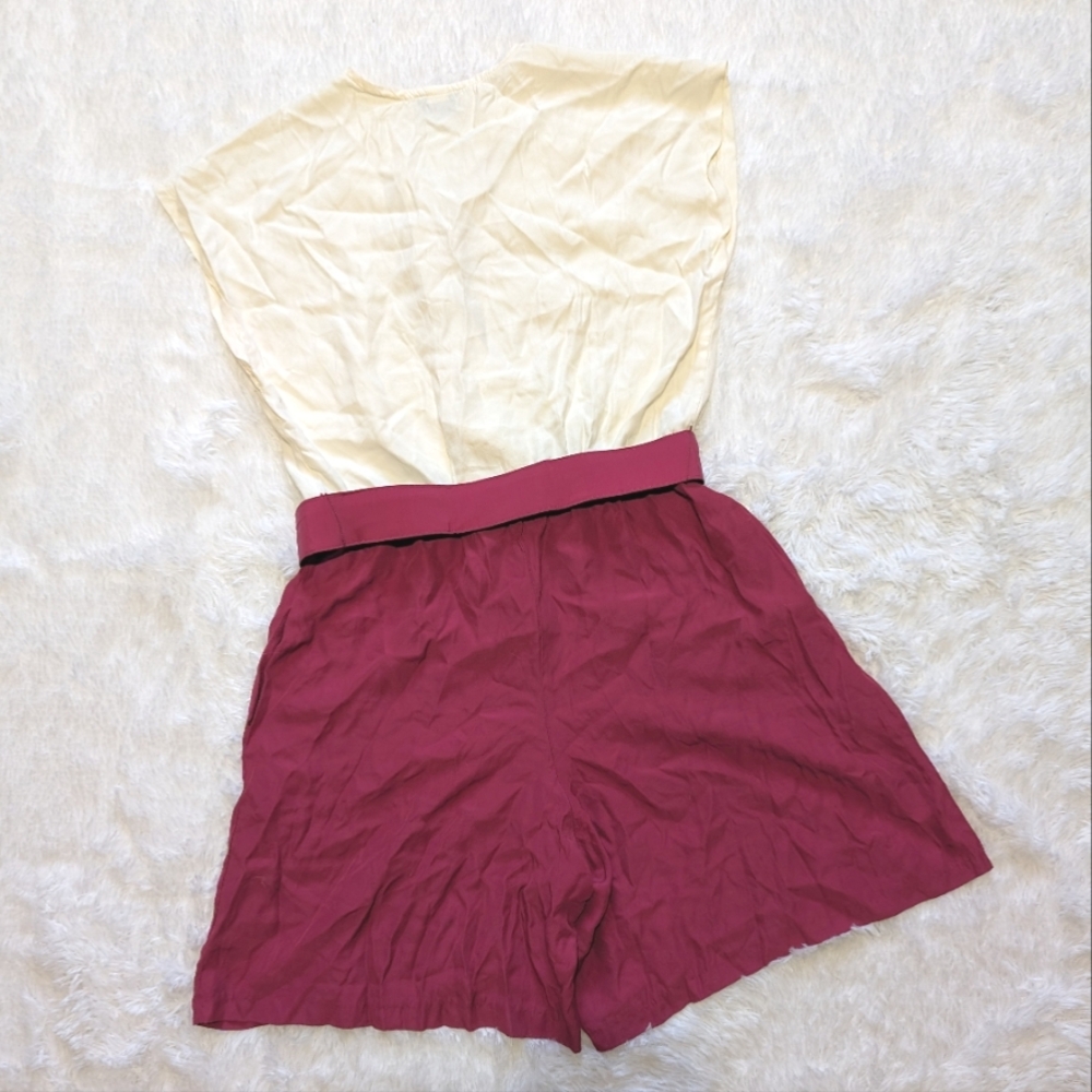 80s Vintage Scarlett Dark Pink & Cream Colorblock Belted Romper 13-14 - Picture 3 of 12